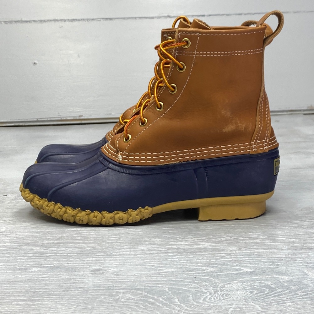 L.L. Bean Bean Boots Mens 8 Brown Navy Leather Rubber 8" Duck Boots Made in USA